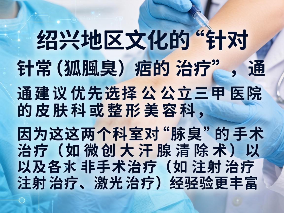 在绍兴地区，针对腋臭（狐臭）的治疗，通常建议优先选择公立三甲医院的皮肤科或整形美容科，因为这两个科室对腋臭的手术治疗（如微创大汗腺清除术）以及非手术治疗（如注射治疗、激光治疗）经验更丰富