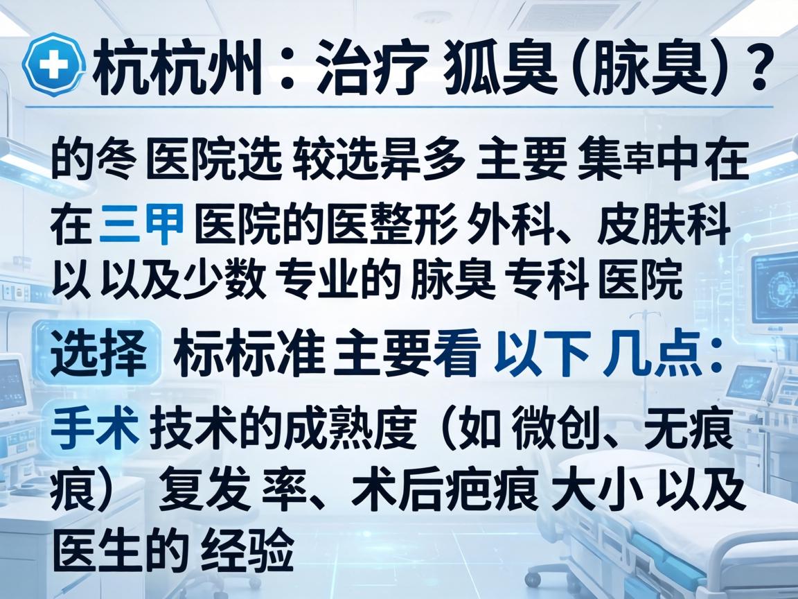 在杭州，治疗狐臭（腋臭）的医院选择较多，主要集中在三甲医院的整形外科、皮肤科以及少数专业的腋臭专科医院。选择标准主要看以下几点，手术技术的成熟度（如微创、无痕）复发率、术后疤痕大小以及医生的经验