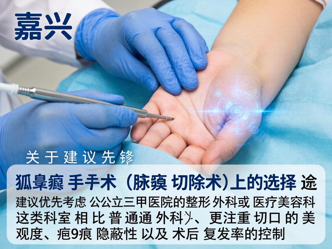 在嘉兴，关于狐臭手术（腋臭切除术）的选择，建议优先考虑公立三甲医院的整形外科或医疗美容科。这类科室相比普通外科，更注重切口的美观度、疤痕隐蔽性以及术后复发率的控制