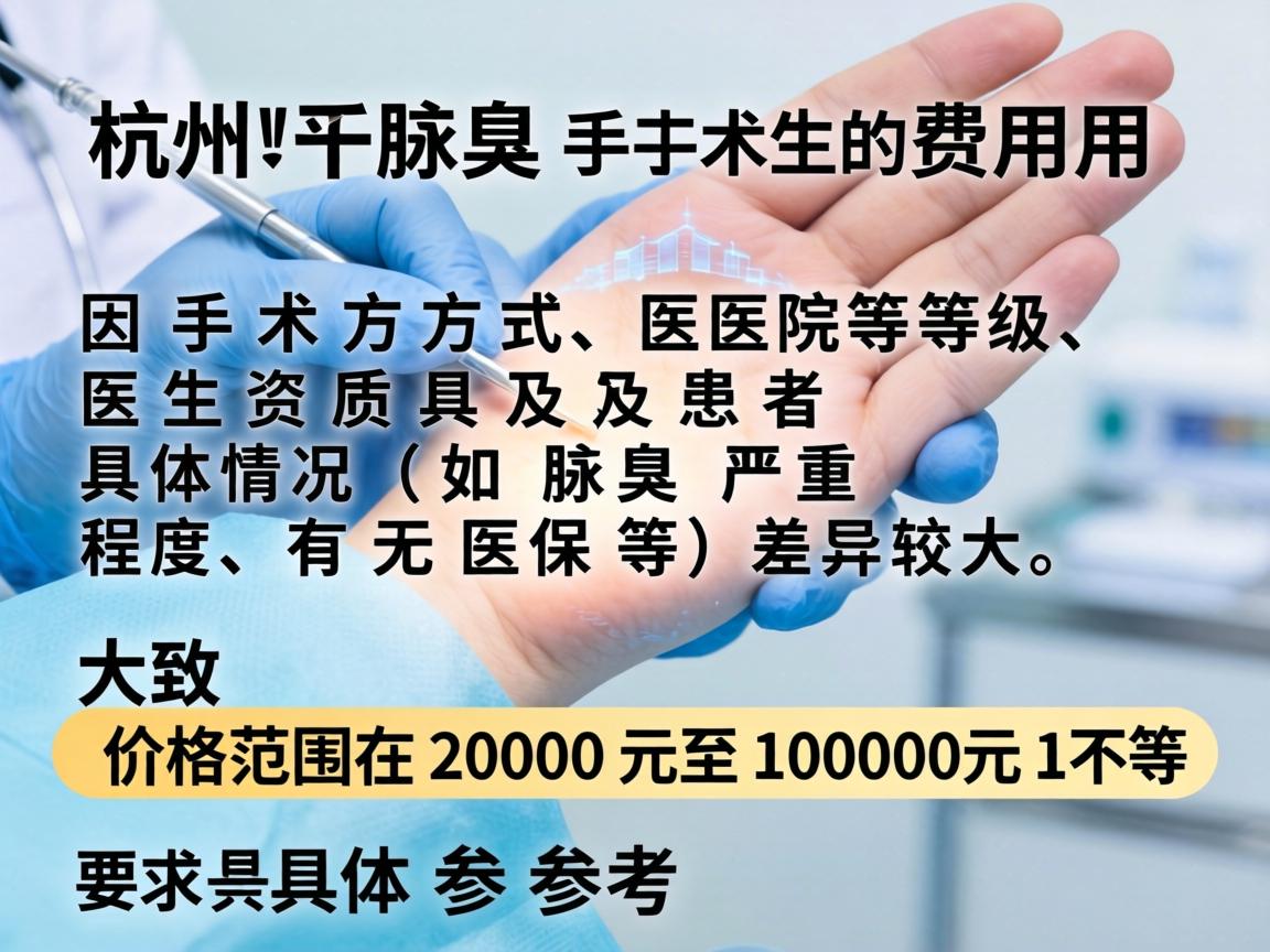 杭州腋臭手术的费用因手术方式、医院等级、医生资质及患者具体情况（如腋臭严重程度、有无医保等）差异较大，大致价格范围在2000元至10000元不等。以下是具体参考