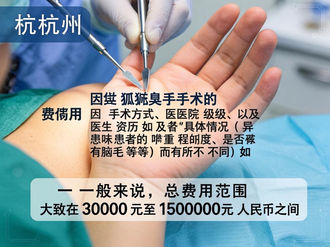 在杭州，狐臭手术的费用因手术方式、医院级别、医生资历以及患者的具体情况（如异味严重程度、是否有腋毛等）而有所不同。一般来说，总费用范围大致在3000元至15000元人民币之间