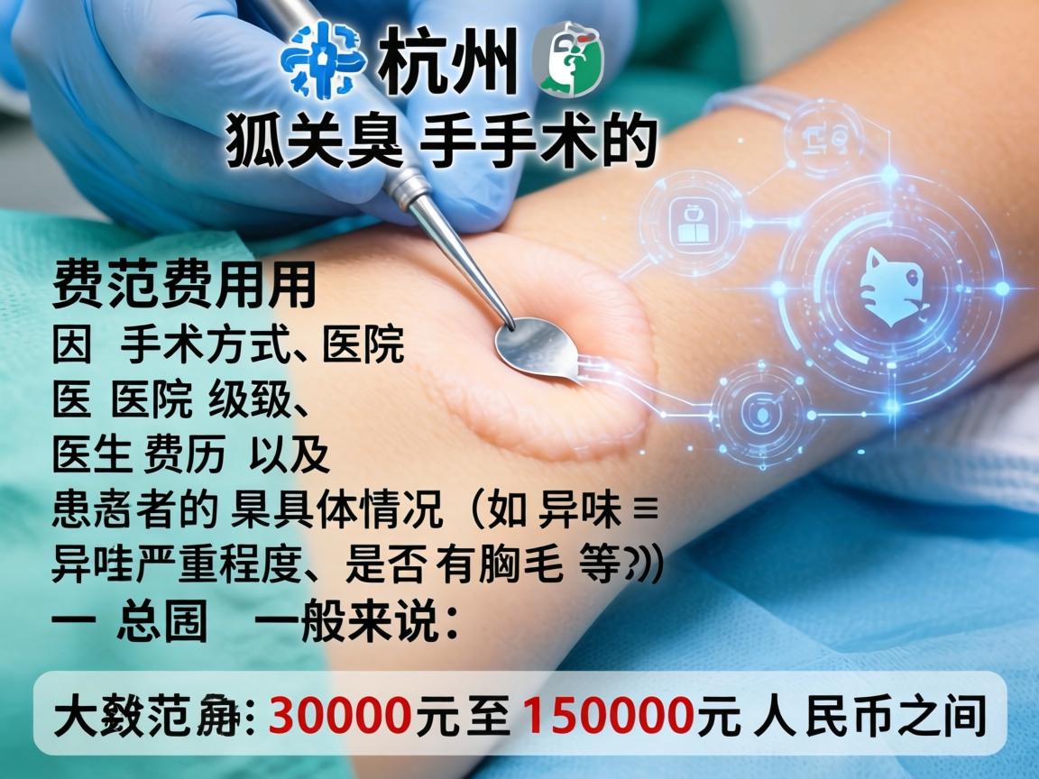 在杭州，狐臭手术的费用因手术方式、医院级别、医生资历以及患者的具体情况（如异味严重程度、是否有腋毛等）而有所不同。一般来说，总费用范围大致在3000元至15000元人民币之间