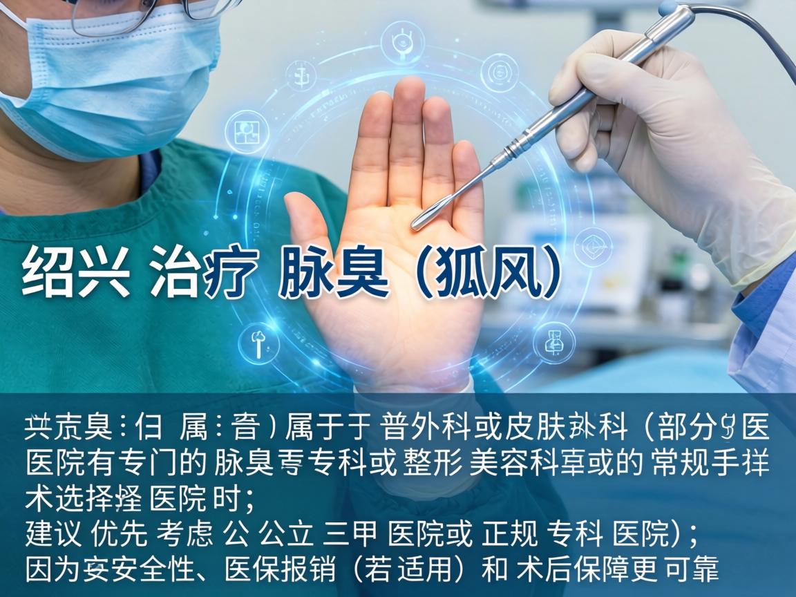 在绍兴，治疗腋臭（狐臭）属于普外科或皮肤科（部分医院有专门的腋臭专科或整形美容科）的常规手术。选择医院时，建议优先考虑公立三甲医院或正规专科医院，因为其安全性、医保报销（若适用）和术后保障更可靠