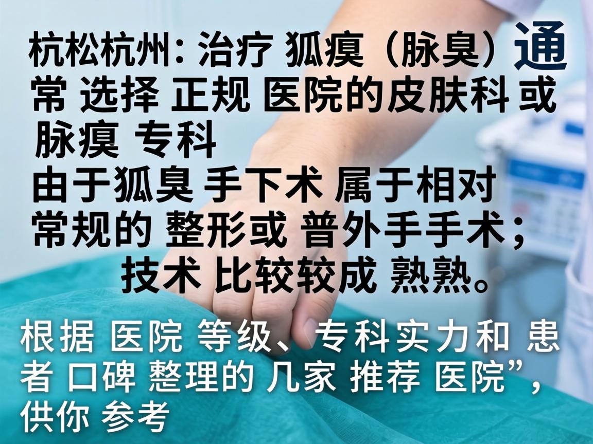 在杭州，治疗狐臭（腋臭）通常选择正规医院的皮肤科或腋臭专科。由于狐臭手术属于相对常规的整形或普外手术，技术比较成熟。以下是根据医院等级、专科实力和患者口碑整理的几家推荐医院，供你参考