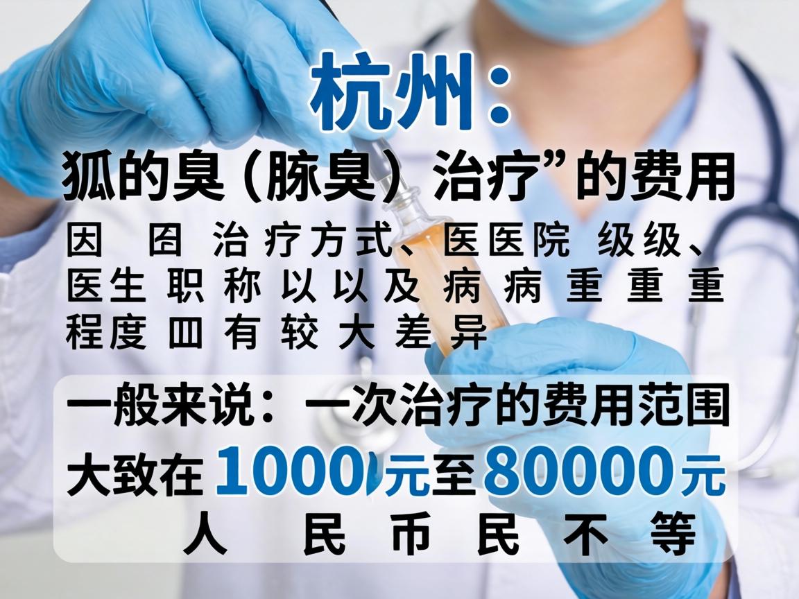 在杭州，狐臭（腋臭）治疗的费用因治疗方式、医院级别、医生职称以及病情严重程度而有较大差异。一般来说，一次治疗的费用范围大致在1000元至8000元人民币不等