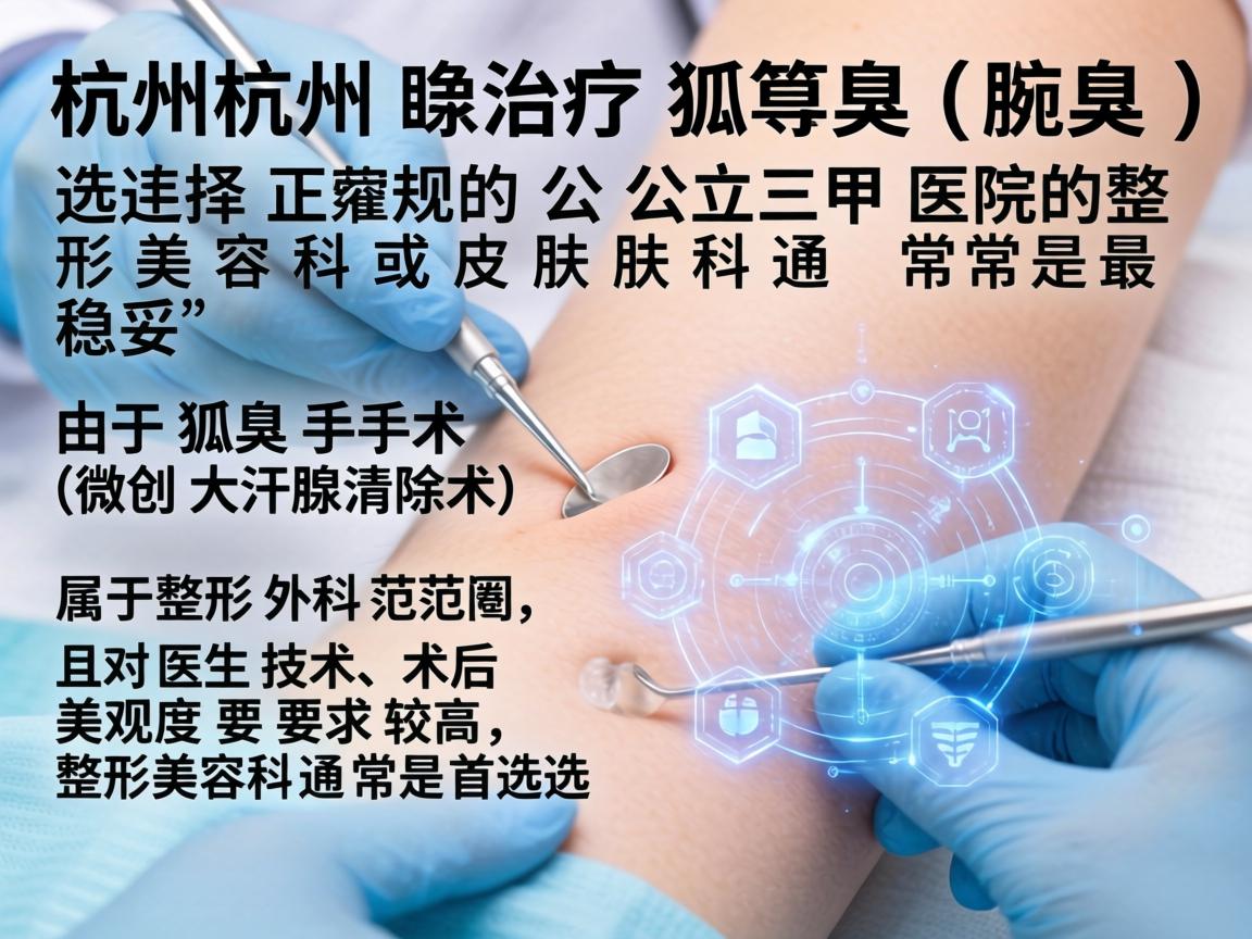 在杭州，治疗狐臭（腋臭）选择正规的公立三甲医院的整形美容科或皮肤科通常是最稳妥的。由于狐臭手术（微创大汗腺清除术）属于整形外科范畴，且对医生技术、术后美观度要求较高，整形美容科通常是首选