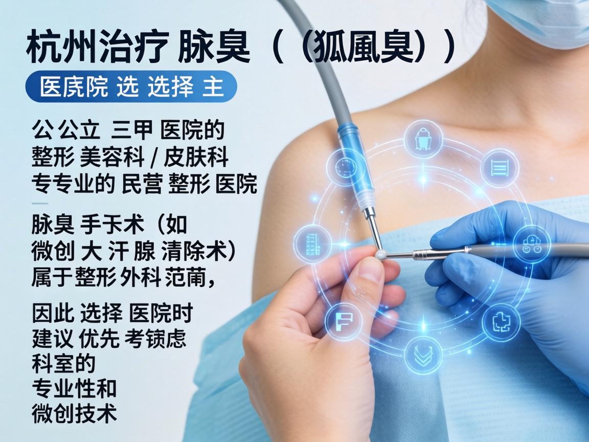 在杭州，治疗腋臭（狐臭）的医院选择主要分为公立三甲医院的整形美容科/皮肤科和专业的民营整形医院。腋臭手术（如微创大汗腺清除术）属于整形外科范畴，因此选择医院时建议优先考虑科室的专业性和微创技术