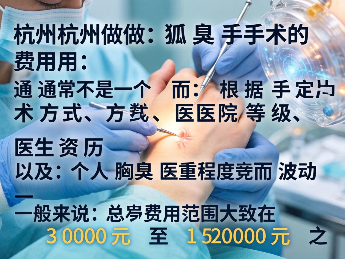 在杭州做狐臭手术的费用，通常不是一个固定的数字，而是根据手术方式、医院等级、医生资历以及个人腋臭严重程度而波动。一般来说，总费用范围大致在 3000元 至 15000元 之间