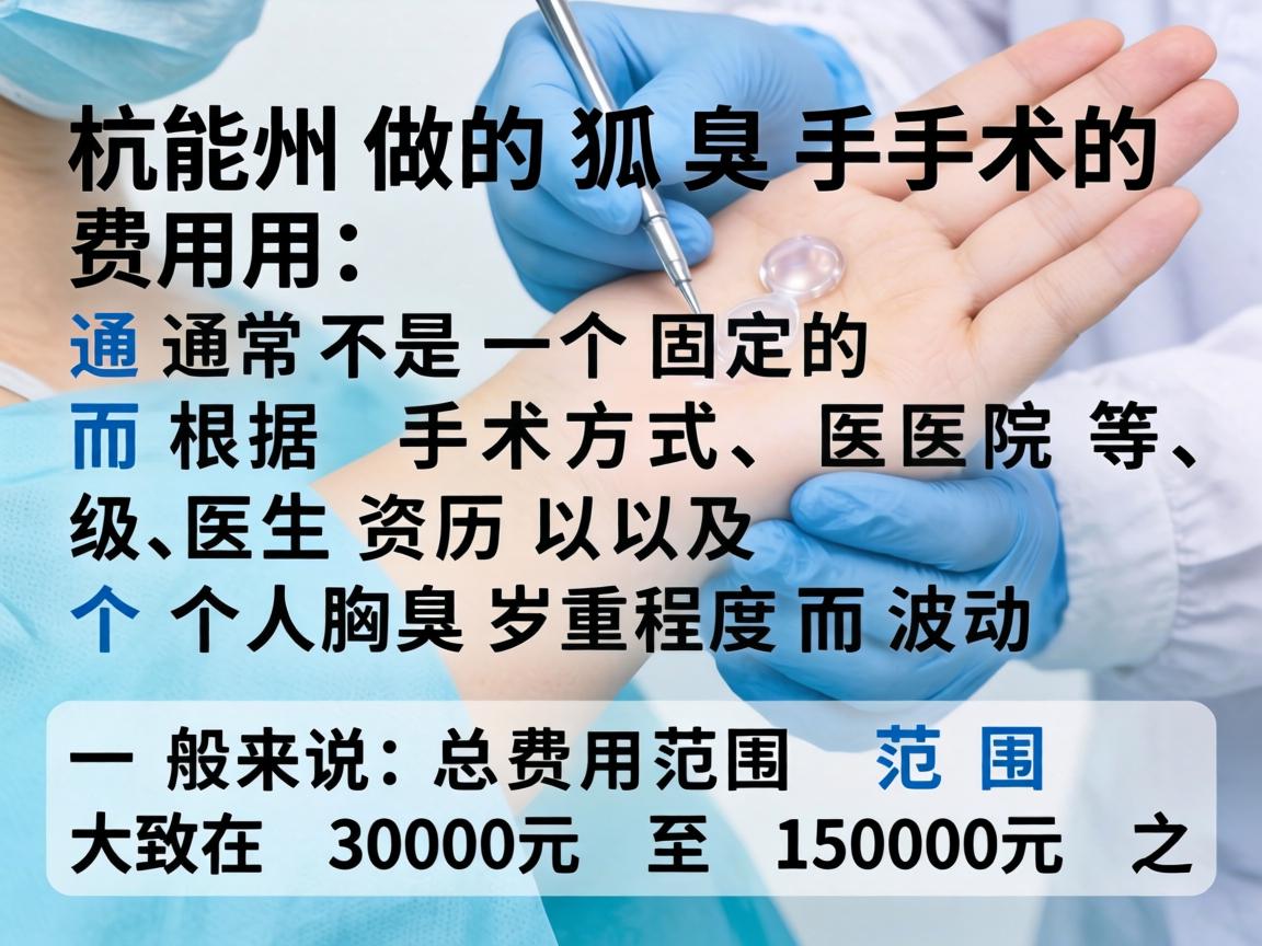 在杭州做狐臭手术的费用，通常不是一个固定的数字，而是根据手术方式、医院等级、医生资历以及个人腋臭严重程度而波动。一般来说，总费用范围大致在 3000元 至 15000元 之间