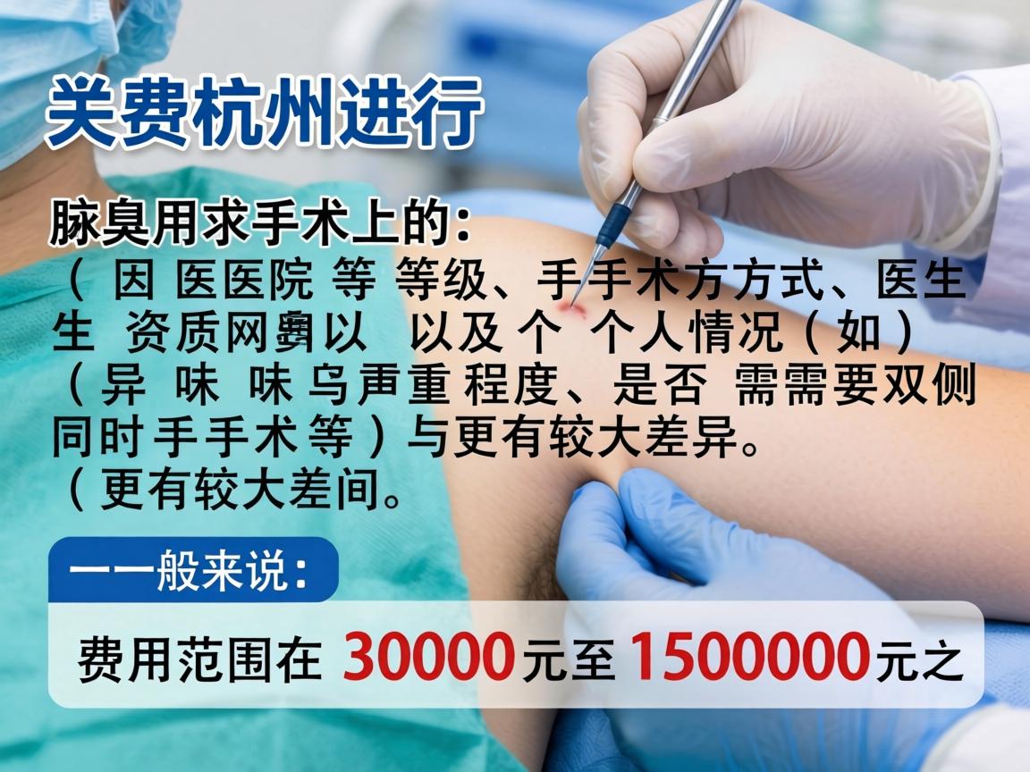 在杭州进行腋臭手术的费用因医院等级、手术方式、医生资质以及个人情况（如异味严重程度、是否需要双侧同时手术等）而有较大差异。一般来说，费用范围在 3000元至15000元 之间