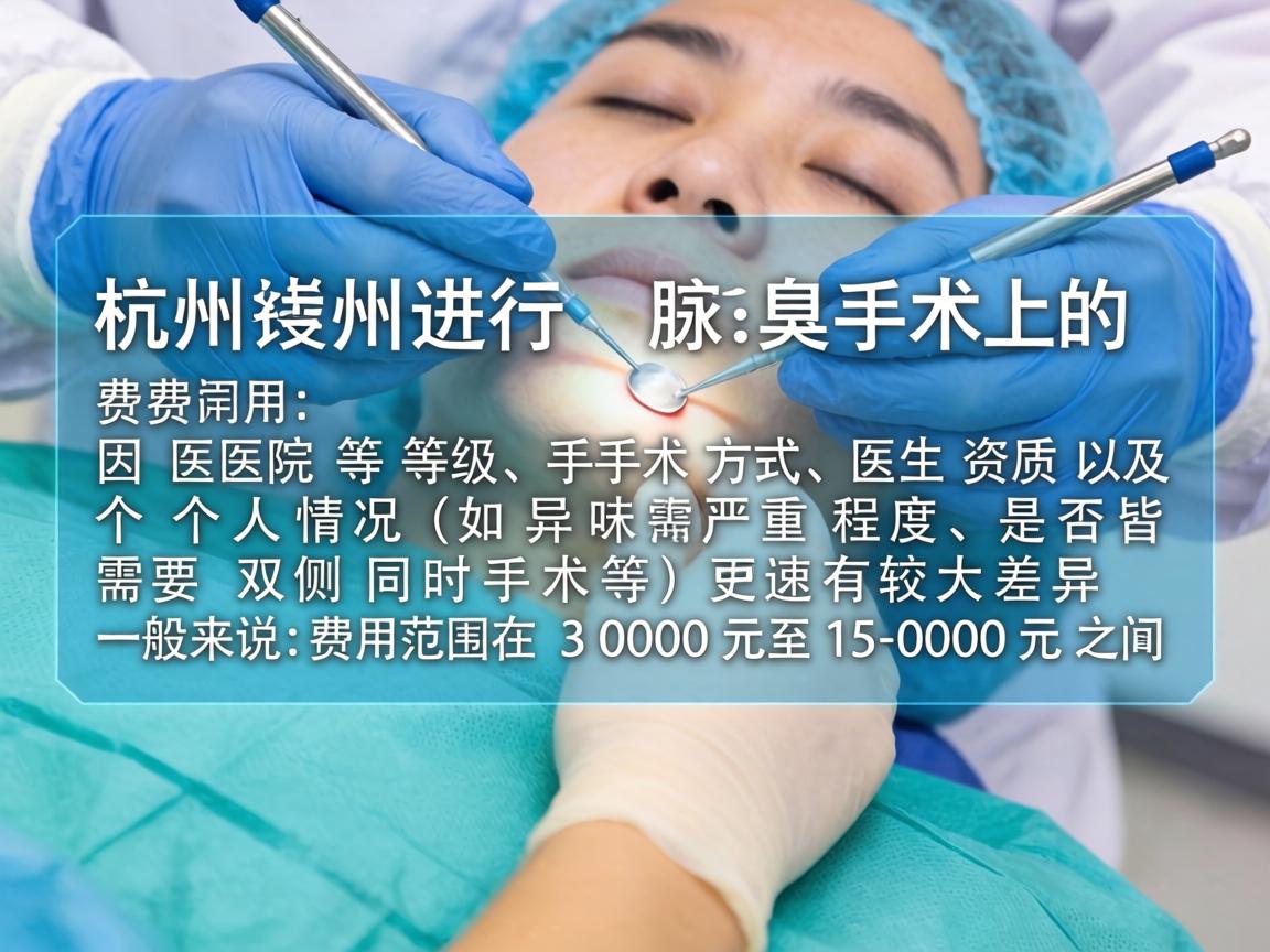 在杭州进行腋臭手术的费用因医院等级、手术方式、医生资质以及个人情况（如异味严重程度、是否需要双侧同时手术等）而有较大差异。一般来说，费用范围在 3000元至15000元 之间