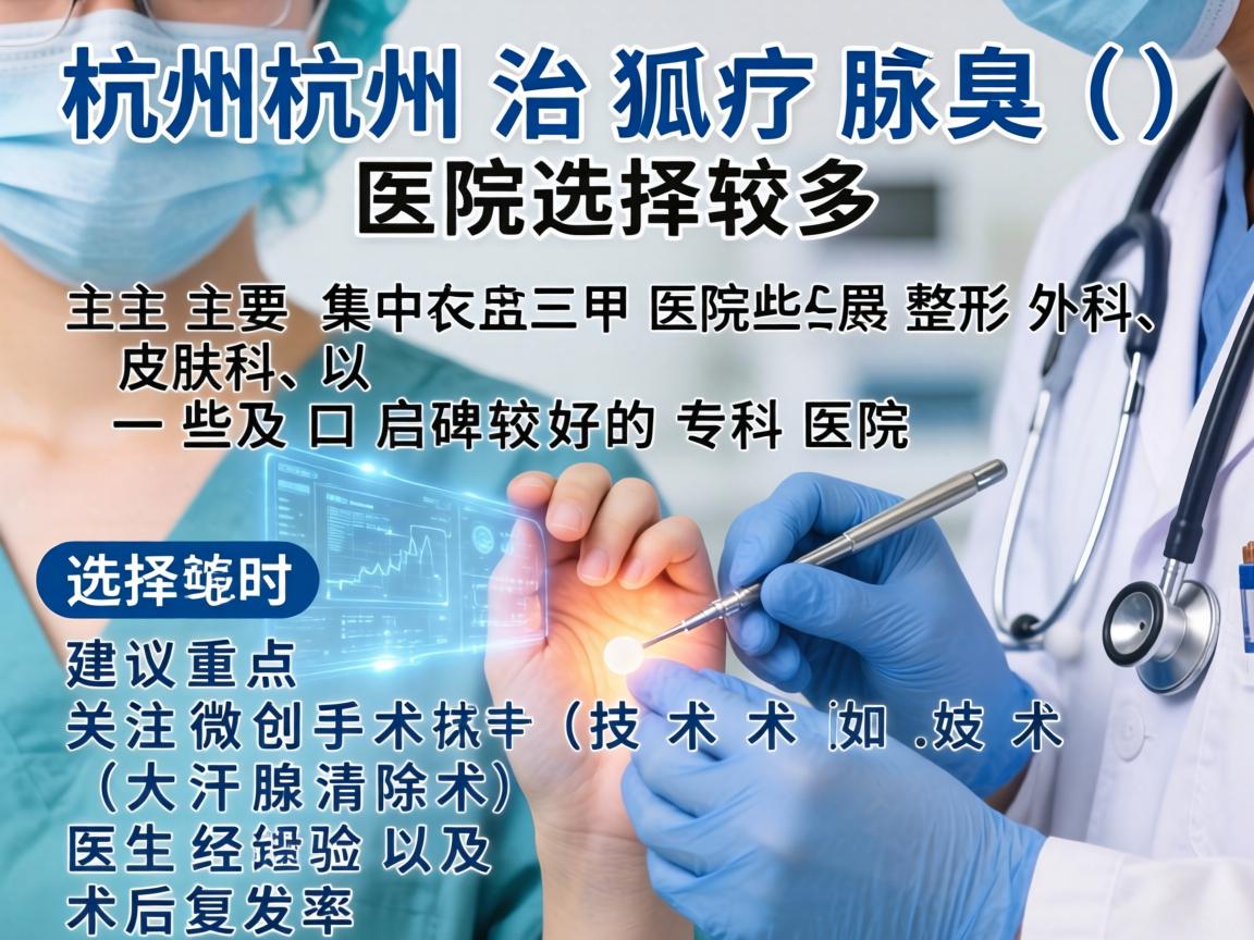 在杭州，治疗腋臭（狐臭）的医院选择较多，主要集中在三甲医院的整形外科、皮肤科，以及一些口碑较好的专科医院。选择时建议重点关注微创手术技术（如大汗腺清除术）医生经验以及术后复发率