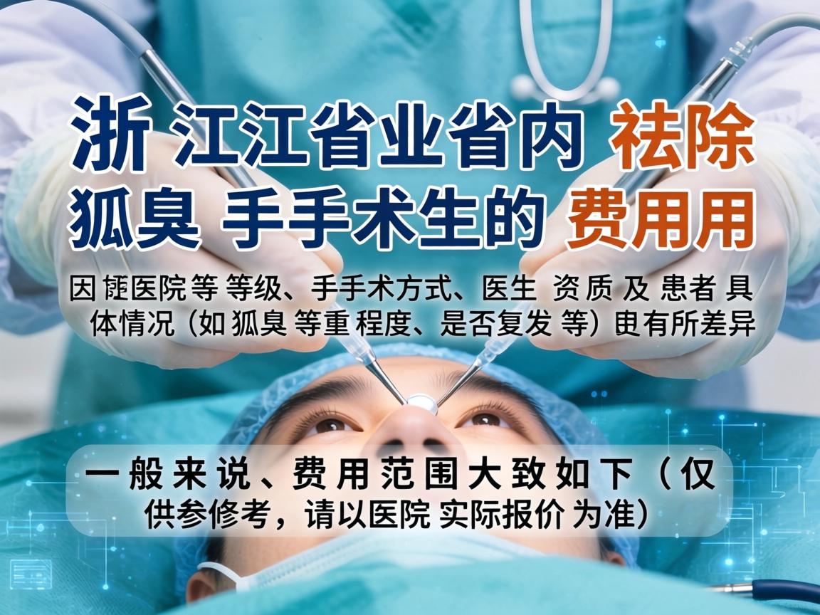 浙江省内祛除狐臭手术的费用因医院等级、手术方式、医生资质及患者具体情况（如狐臭严重程度、是否复发等）而有所差异。一般来说，费用范围大致如下（仅供参考，请以医院实际报价为准）