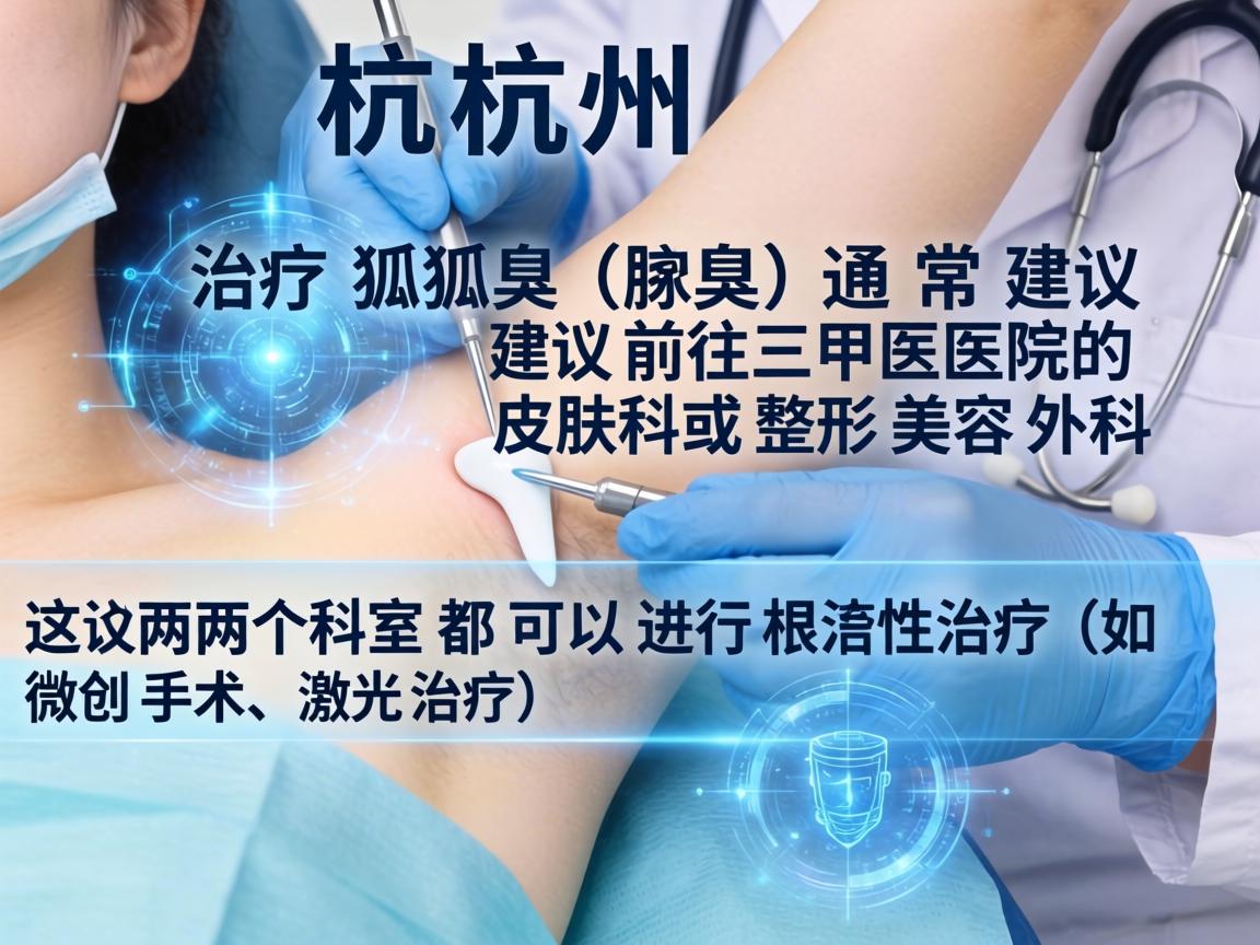 在杭州，治疗狐臭（腋臭）通常建议前往三甲医院的皮肤科或整形美容外科。这两个科室都可以进行根治性治疗（如微创手术、激光治疗）