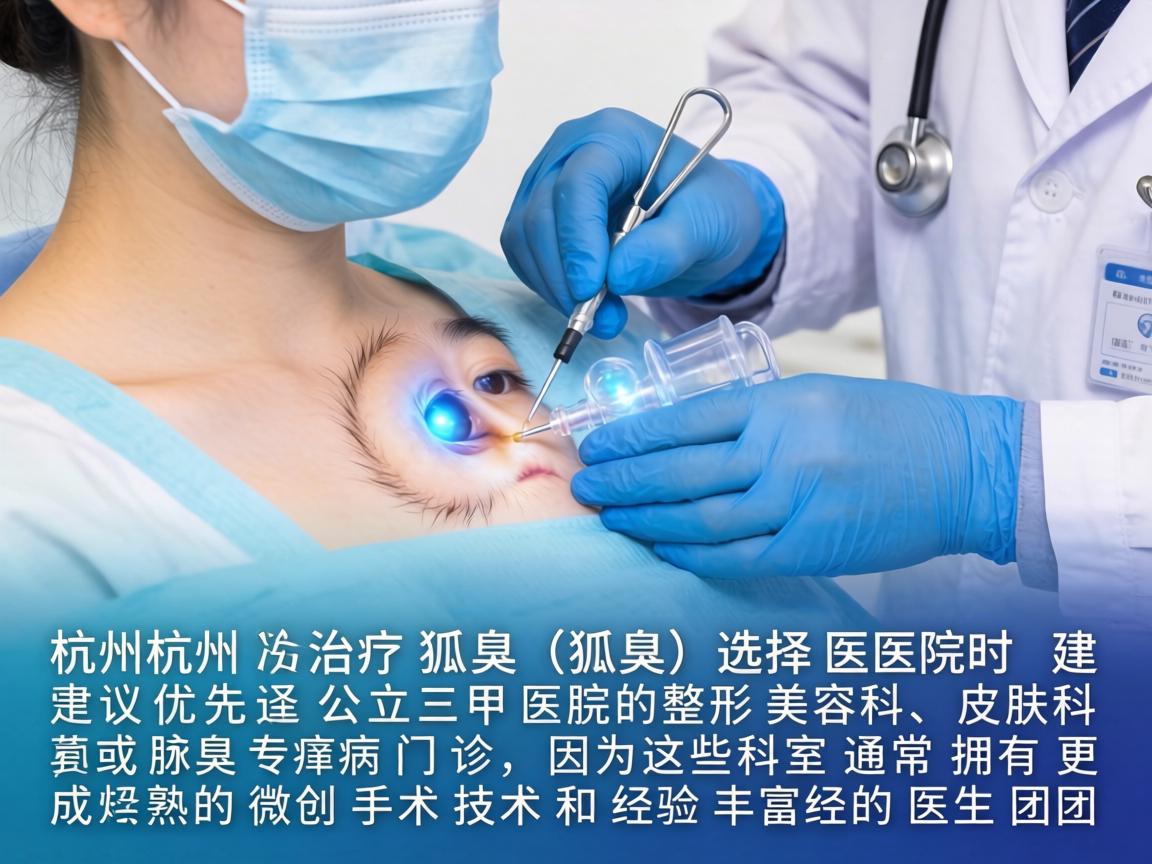 在杭州治疗腋臭（狐臭）选择医院时建议优先选择公立三甲医院的整形美容科、皮肤科或腋臭专病门诊，因为这些科室通常拥有更成熟的微创手术技术和经验丰富的医生团队