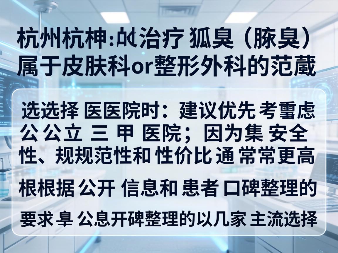 在杭州，治疗狐臭（腋臭）属于皮肤科或整形外科的范畴。选择医院时，建议优先考虑公立三甲医院，因为其安全性、规范性和性价比通常更高。以下是根据公开信息和患者口碑整理的几家主流选择