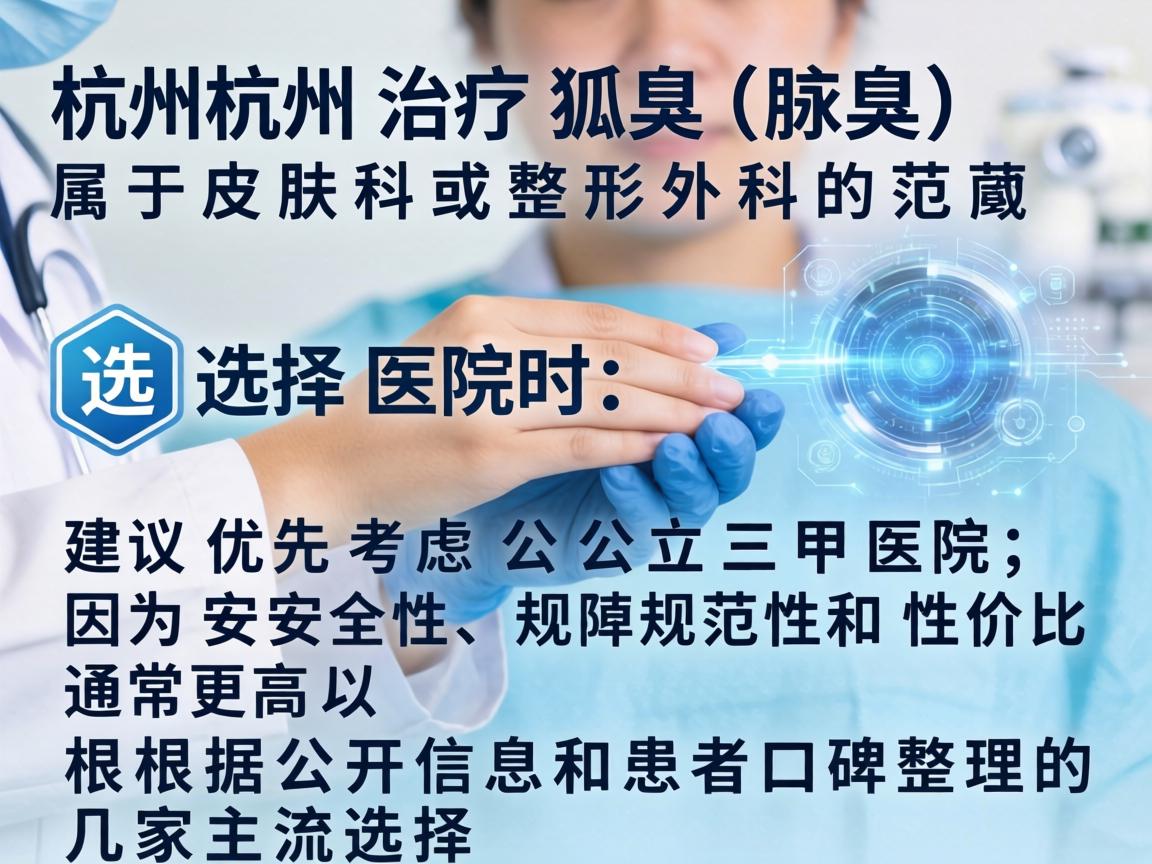 在杭州，治疗狐臭（腋臭）属于皮肤科或整形外科的范畴。选择医院时，建议优先考虑公立三甲医院，因为其安全性、规范性和性价比通常更高。以下是根据公开信息和患者口碑整理的几家主流选择