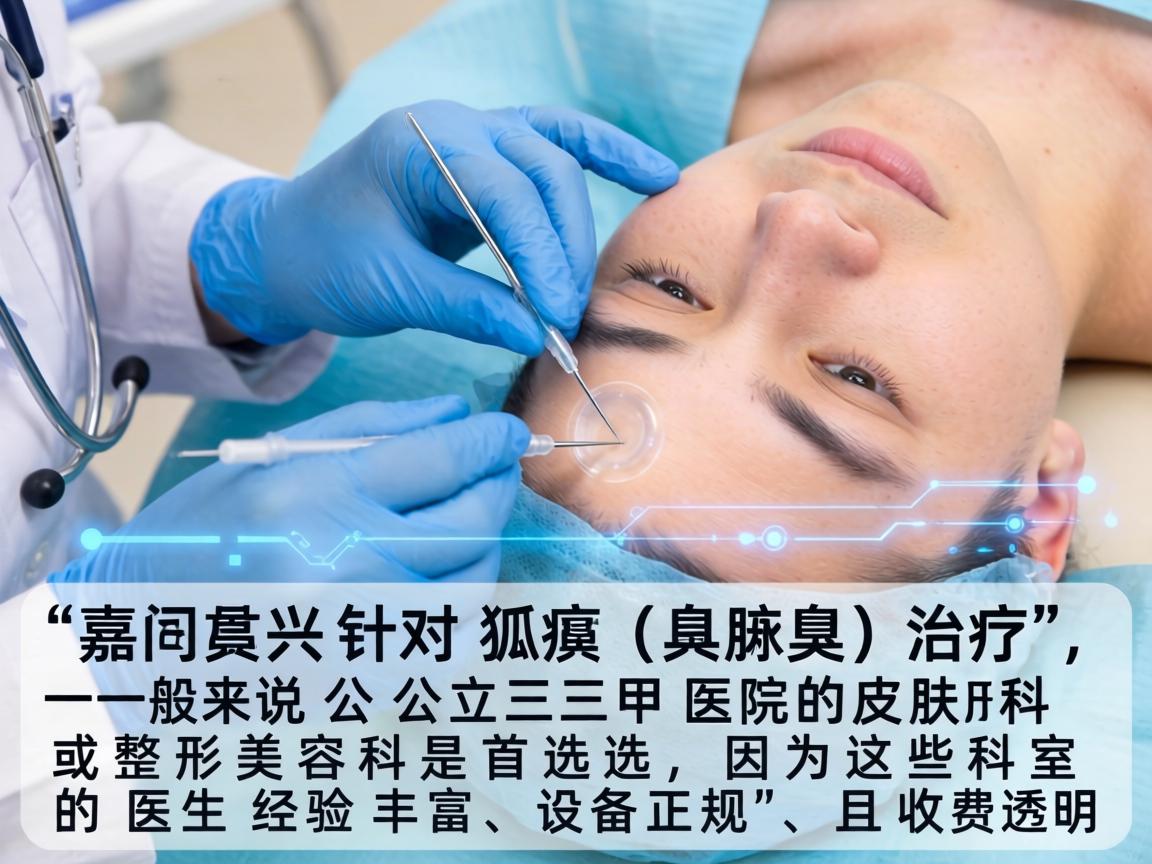 在嘉兴，针对狐臭（腋臭）的治疗，一般来说公立三甲医院的皮肤科或整形美容科是首选，因为这些科室的医生经验丰富、设备正规，且收费透明
