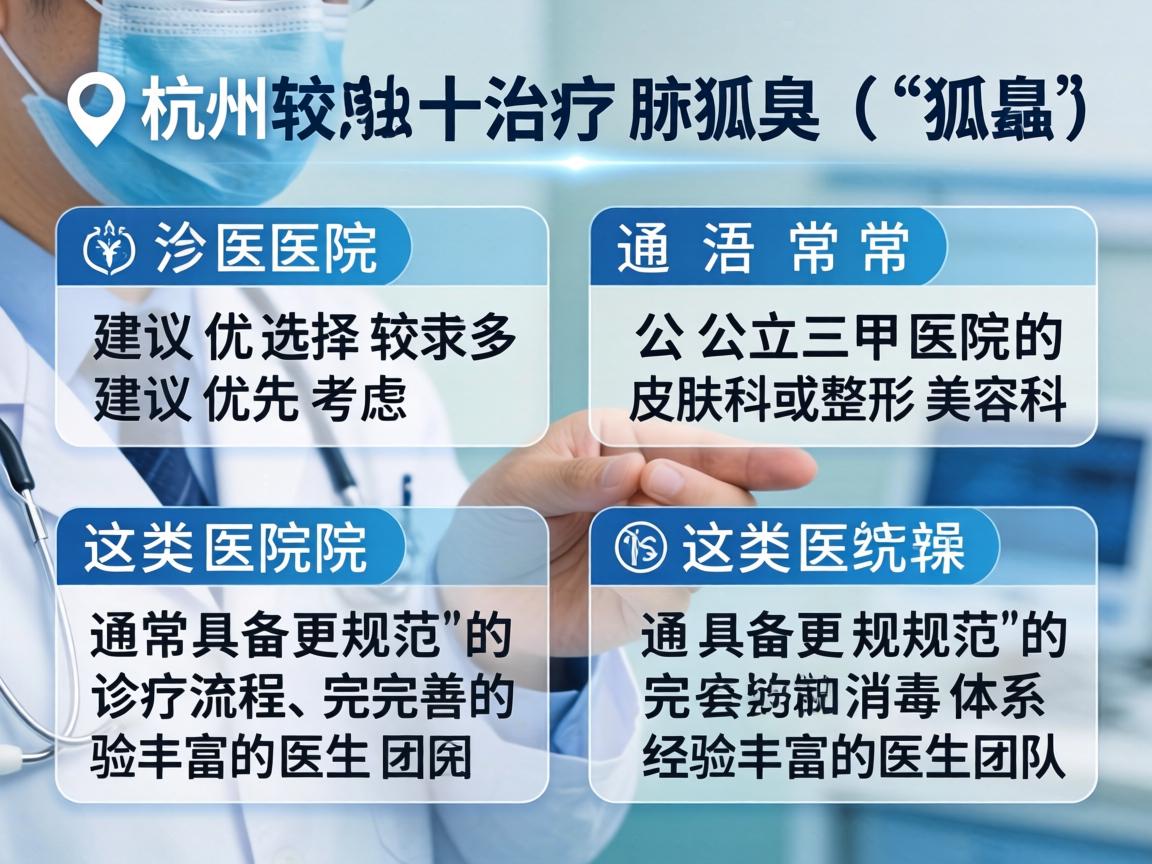 在杭州，治疗腋臭（狐臭）的医院选择较多，通常建议优先考虑公立三甲医院的皮肤科或整形美容科。这类医院通常具备更规范的诊疗流程、完善的消毒体系和经验丰富的医生团队