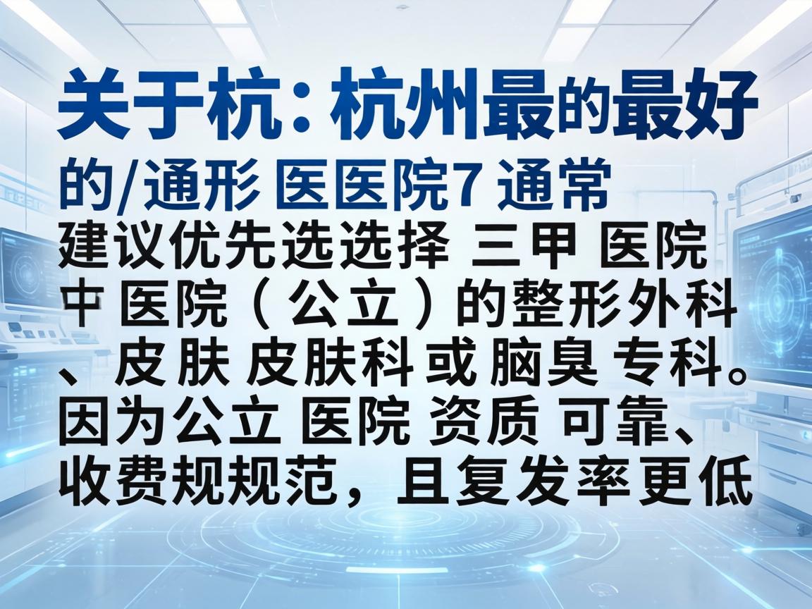 关于杭州最好的医院，通常建议优先选择三甲医院（公立）的整形外科、皮肤科或腋臭专科。因为公立医院资质可靠、收费规范，且复发率更低