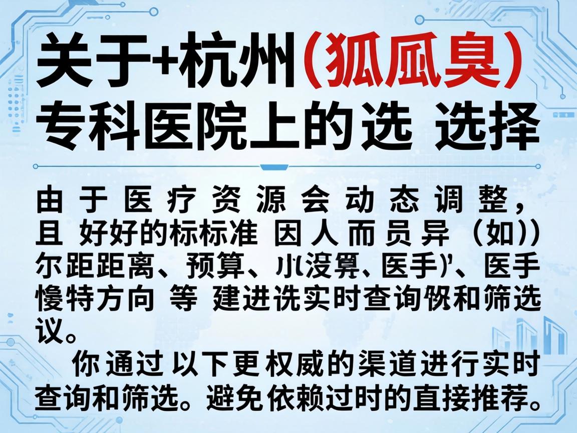 关于杭州腋臭（狐臭）专科医院的选择，由于医疗资源会动态调整，且好的标准因人而异（如距离、预算、医生擅长方向等）建议你通过以下更权威的渠道进行实时查询和筛选，避免依赖过时的直接推荐