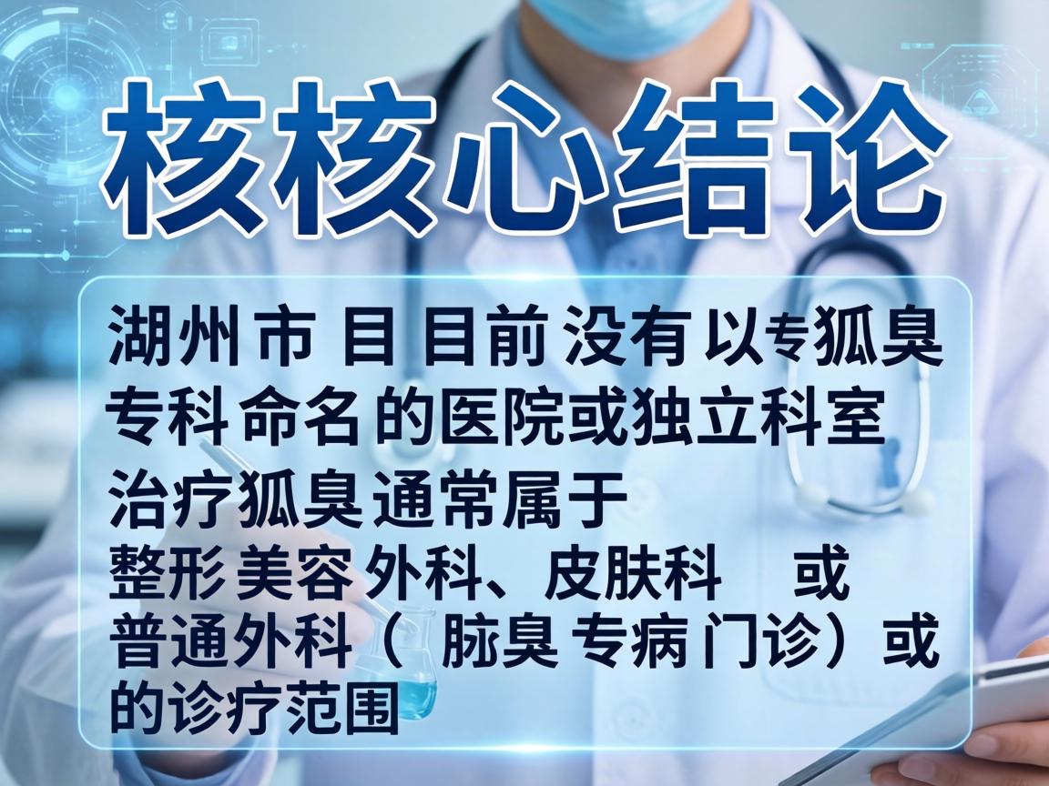 核心结论，湖州市目前没有以狐臭专科命名的医院或独立科室。治疗狐臭通常属于 整形美容外科、皮肤科 或 普通外科（腋臭专病门诊）的诊疗范围