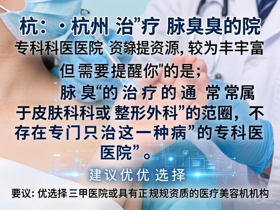 杭州治疗腋臭的专科医院资源较为丰富，但需要提醒你的是，腋臭的治疗通常属于皮肤科或整形外科的范畴，不存在专门只治这一种病的专科医院。建议优先选择三甲医院或具有正规资质的医疗美容机构