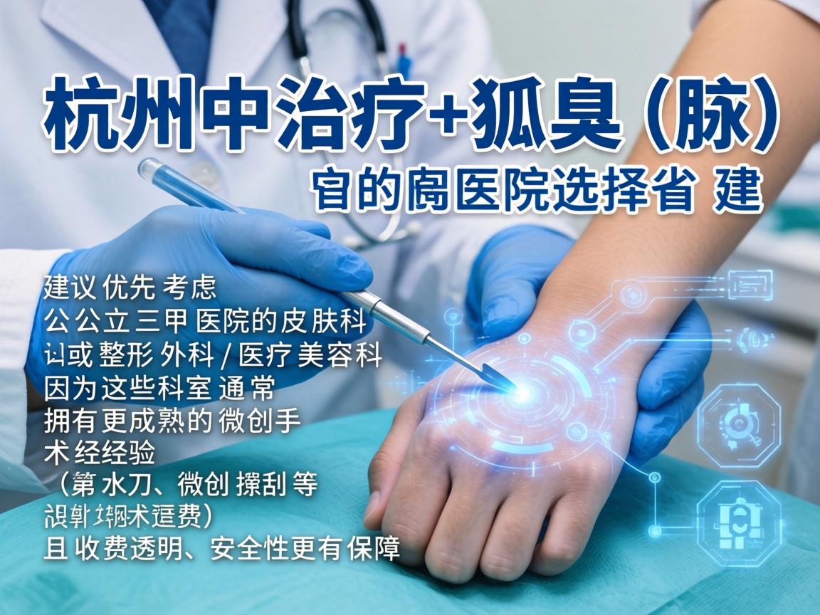杭州治疗狐臭（腋臭）的医院选择，建议优先考虑公立三甲医院的皮肤科或整形外科/医疗美容科，因为这些科室通常拥有更成熟的微创手术经验（如水刀、微创搔刮等）且收费透明、安全性更有保障