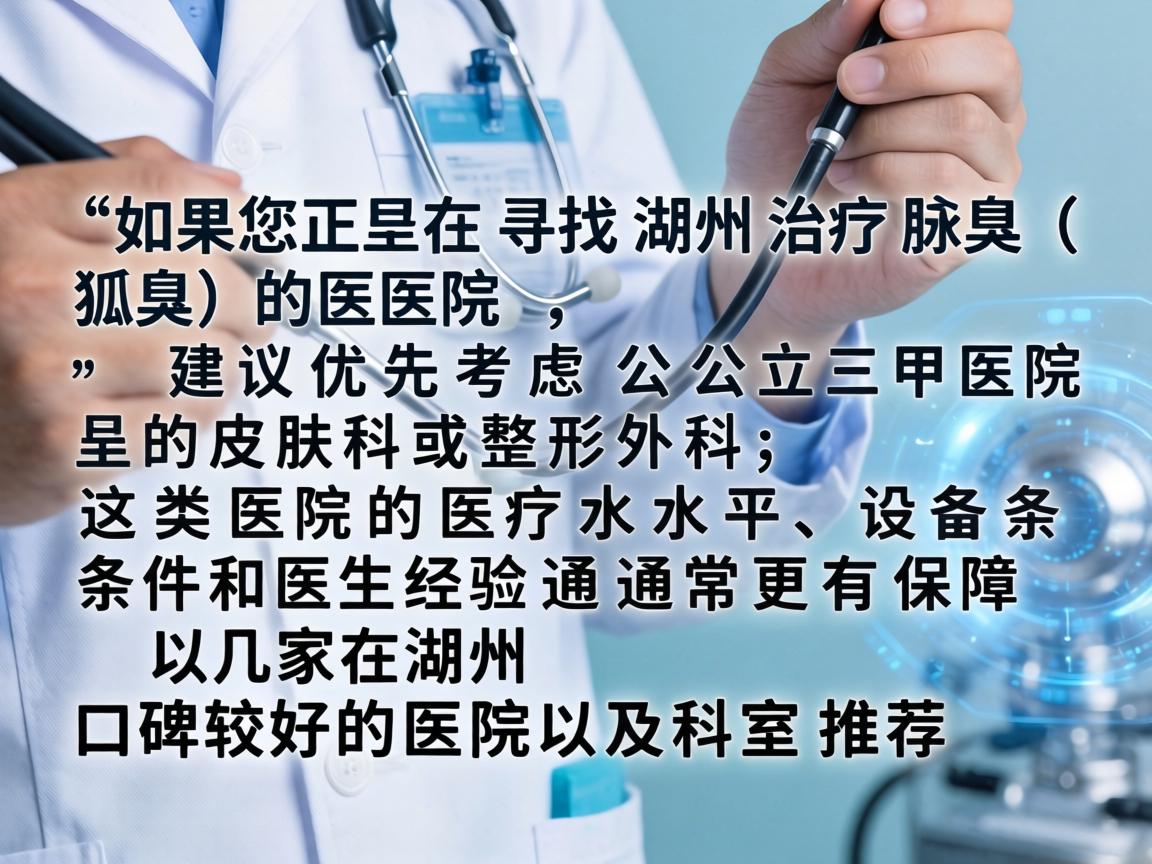如果您正在寻找湖州治疗腋臭（狐臭）的医院，建议优先考虑公立三甲医院的皮肤科或整形外科，这类医院的医疗水平、设备条件和医生经验通常更有保障。以下是几家在湖州口碑较好的医院及科室推荐