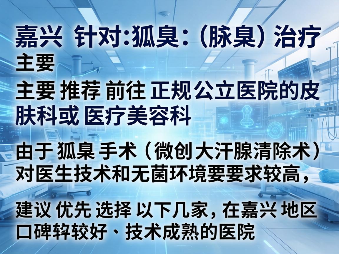 在嘉兴，针对狐臭（腋臭）的治疗，主要推荐前往正规公立医院的皮肤科或医疗美容科。由于狐臭手术（微创大汗腺清除术）对医生技术和无菌环境要求较高，建议优先选择以下几家在嘉兴地区口碑较好、技术成熟的医院