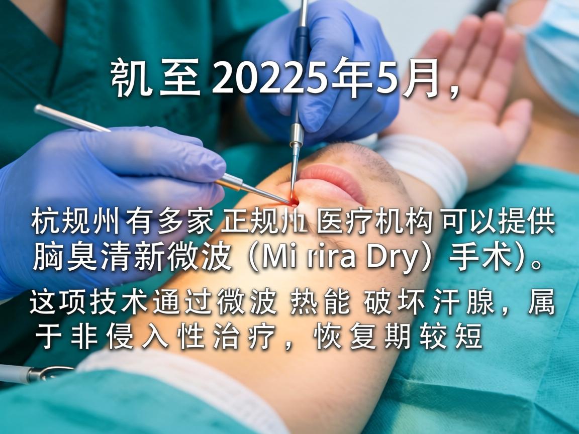 截至2025年5月，杭州有多家正规医疗机构可以提供腋臭清新微波（MiraDry）手术。这项技术通过微波热能破坏汗腺，属于非侵入性治疗，恢复期较短