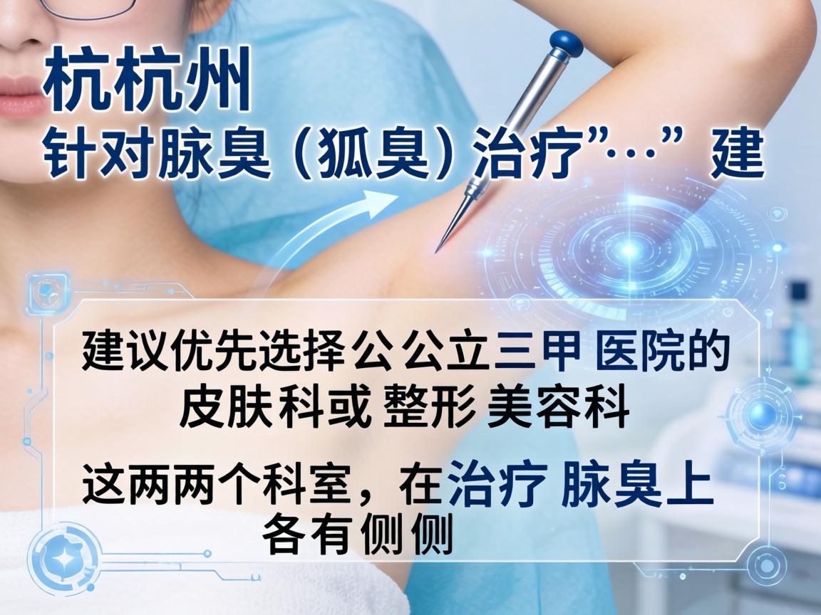 在杭州，针对腋臭（狐臭）的治疗，建议优先选择公立三甲医院的皮肤科或整形美容科。这两个科室在治疗腋臭上各有侧重