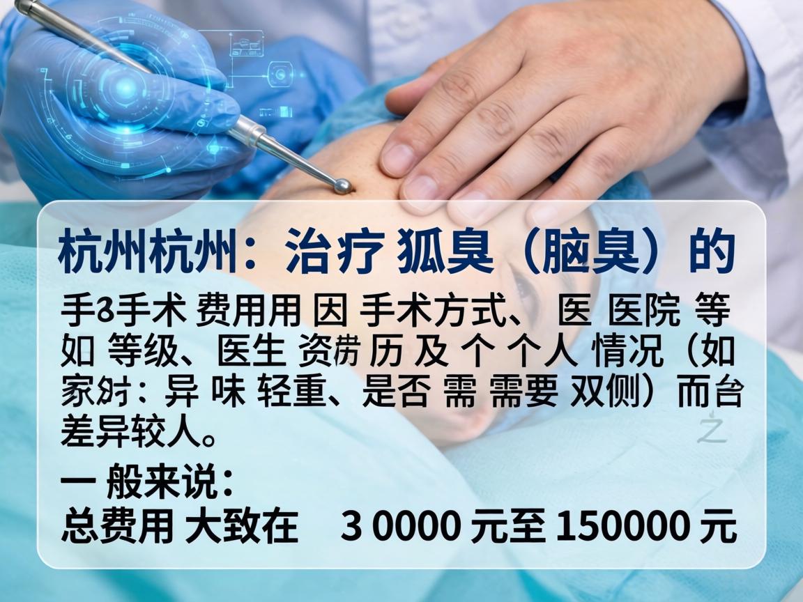 在杭州，治疗狐臭（腋臭）的手术费用因手术方式、医院等级、医生资历及个人情况（如异味轻重、是否需要双侧）而差异较大。一般来说，总费用大致在 3000元至15000元 之间