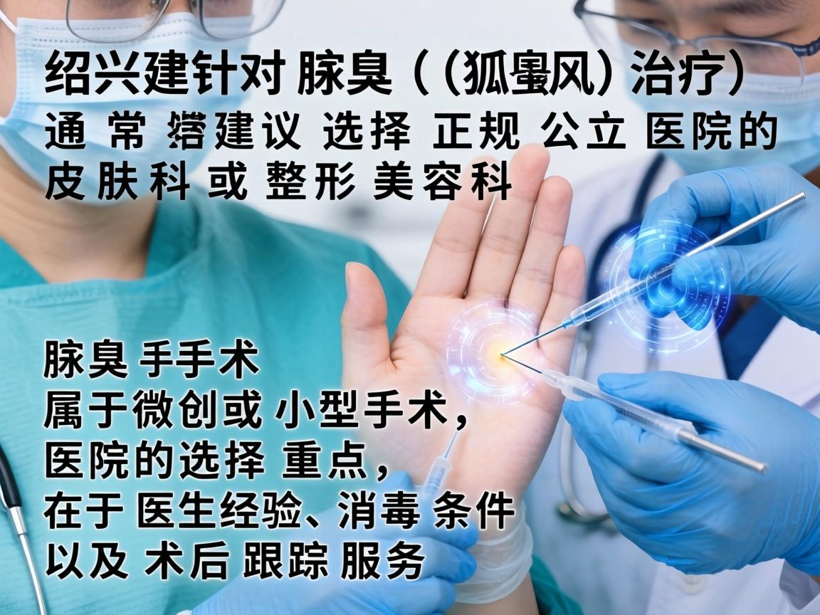 在绍兴，针对腋臭（狐臭）的治疗，通常建议选择正规公立医院的皮肤科或整形美容科。腋臭手术属于微创或小型手术，医院的选择重点在于医生经验、消毒条件以及术后跟踪服务