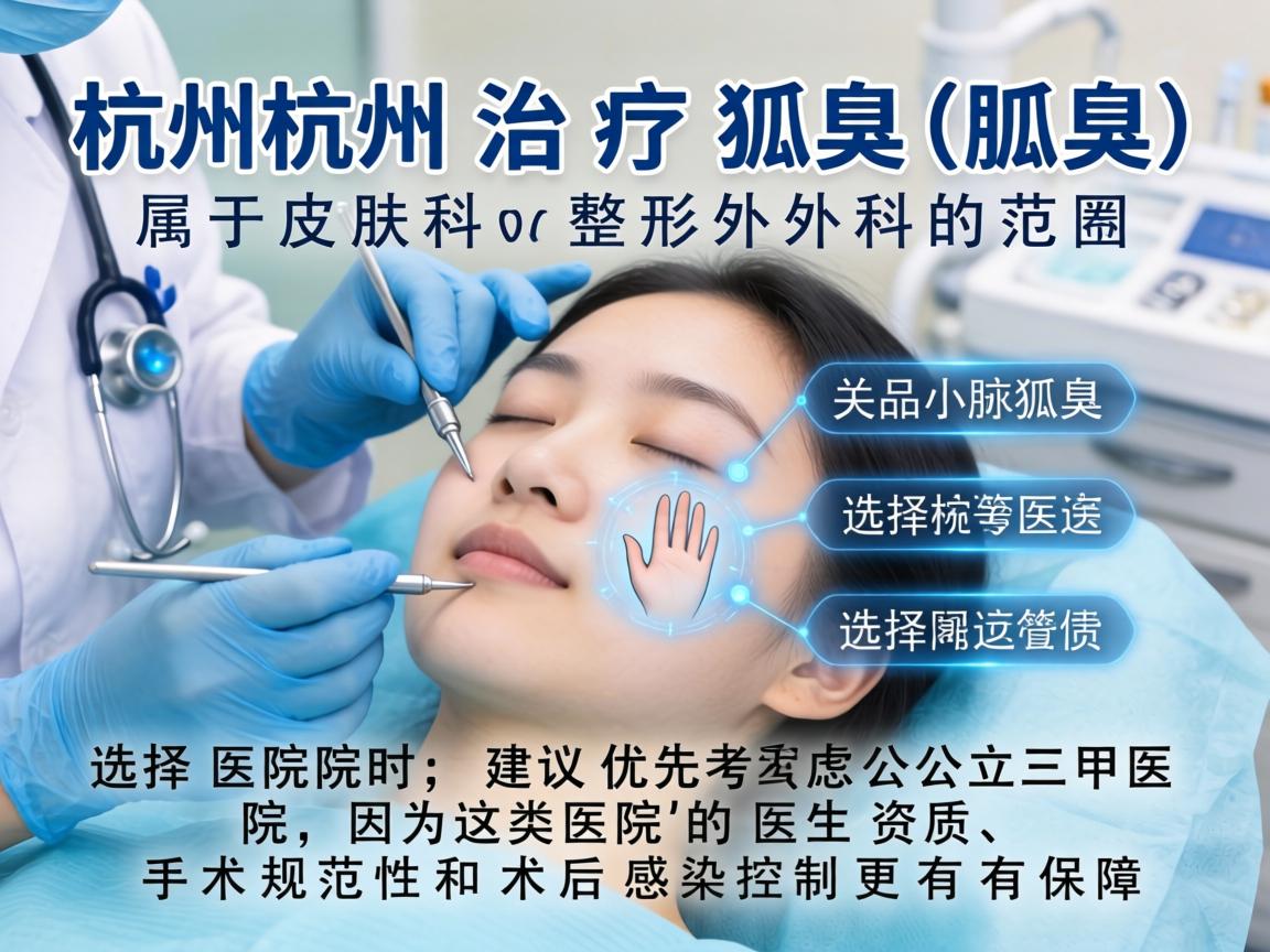 在杭州，治疗狐臭（腋臭）属于皮肤科或整形外科的范畴。选择医院时，建议优先考虑公立三甲医院，因为这类医院的医生资质、手术规范性和术后感染控制更有保障