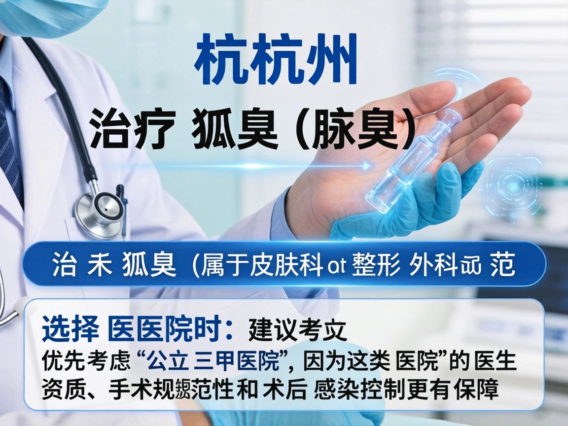 在杭州，治疗狐臭（腋臭）属于皮肤科或整形外科的范畴。选择医院时，建议优先考虑公立三甲医院，因为这类医院的医生资质、手术规范性和术后感染控制更有保障