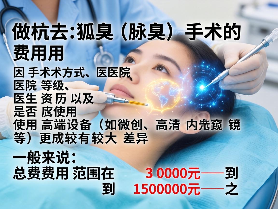 在杭州，做去狐臭（腋臭）手术的费用因手术方式、医院等级、医生资历以及是否使用高端设备（如微创、高清内窥镜等）而有较大差异。一般来说，总费用范围在 3000元 到 15000元 之间