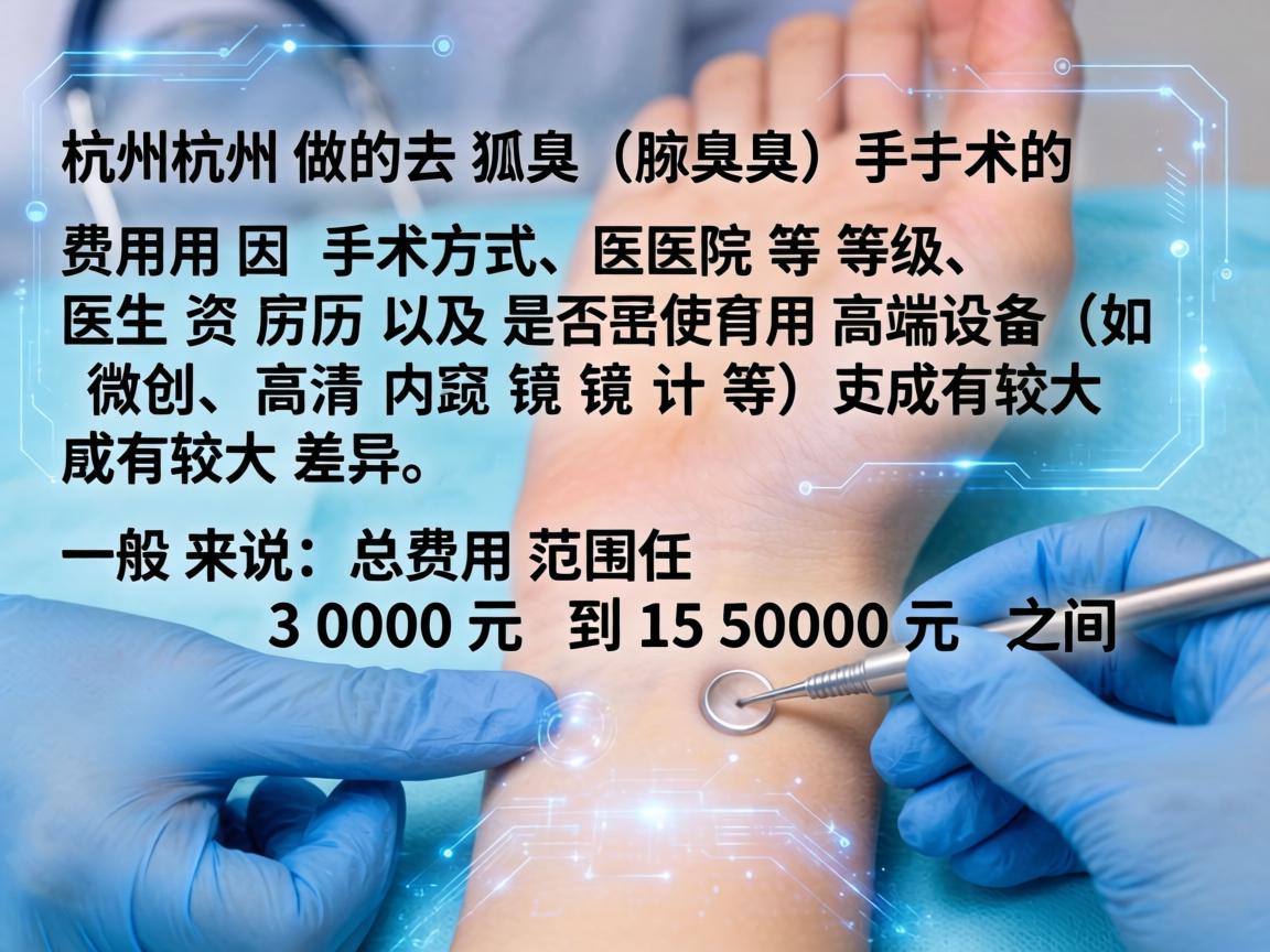 在杭州，做去狐臭（腋臭）手术的费用因手术方式、医院等级、医生资历以及是否使用高端设备（如微创、高清内窥镜等）而有较大差异。一般来说，总费用范围在 3000元 到 15000元 之间