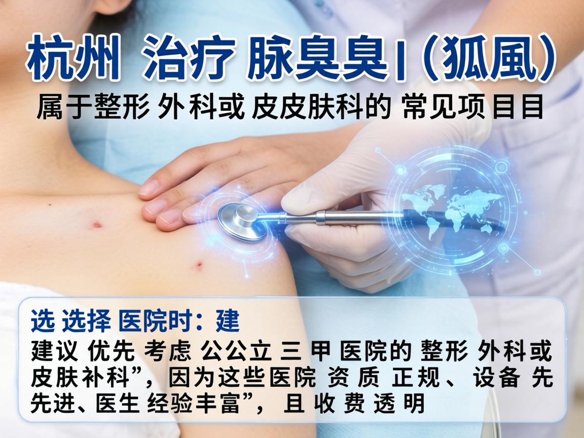 在杭州，治疗腋臭（狐臭）属于整形外科或皮肤科的常见项目。选择医院时，建议优先考虑公立三甲医院的整形外科或皮肤科，因为这些医院资质正规、设备先进、医生经验丰富，且收费透明