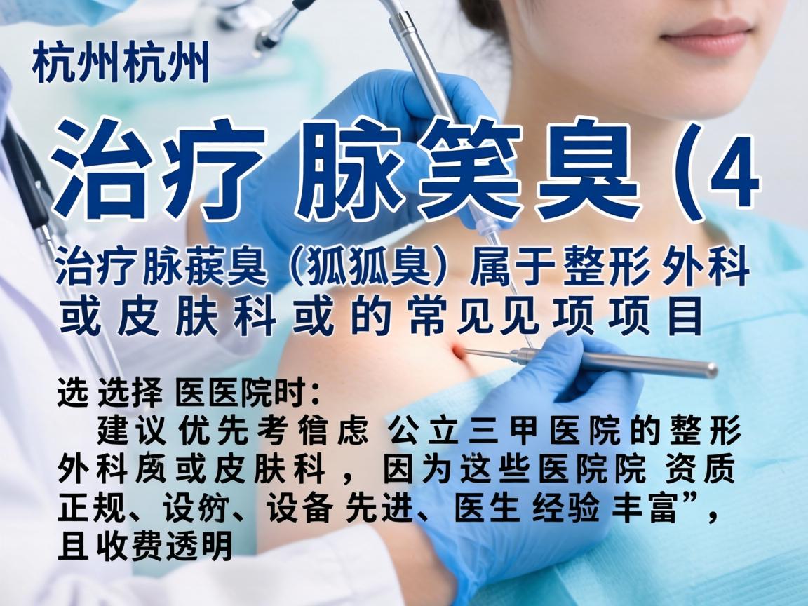 在杭州，治疗腋臭（狐臭）属于整形外科或皮肤科的常见项目。选择医院时，建议优先考虑公立三甲医院的整形外科或皮肤科，因为这些医院资质正规、设备先进、医生经验丰富，且收费透明