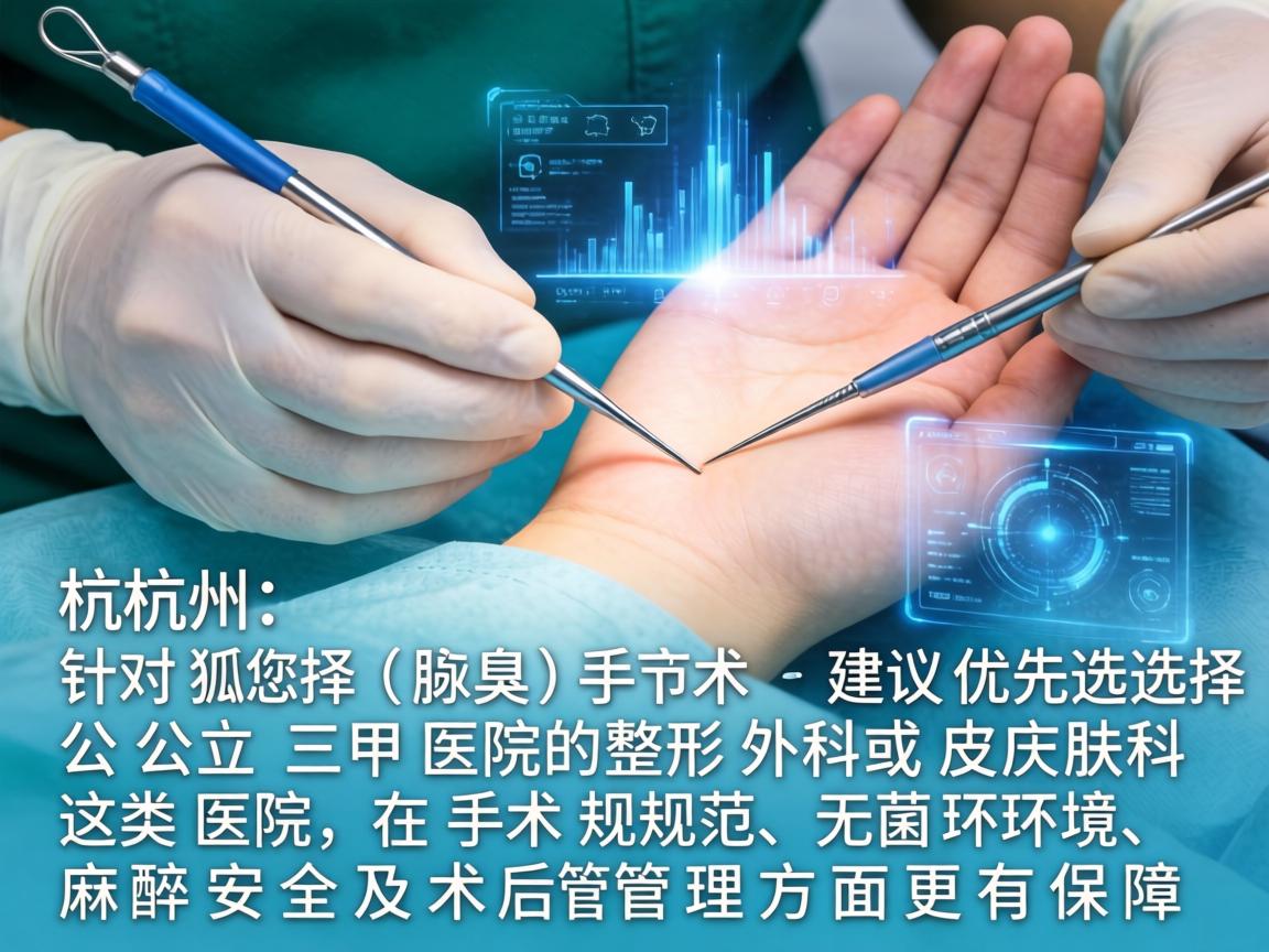 在杭州，针对狐臭（腋臭）手术，建议优先选择公立三甲医院的整形外科或皮肤科。这类医院在手术规范、无菌环境、麻醉安全及术后管理方面更有保障