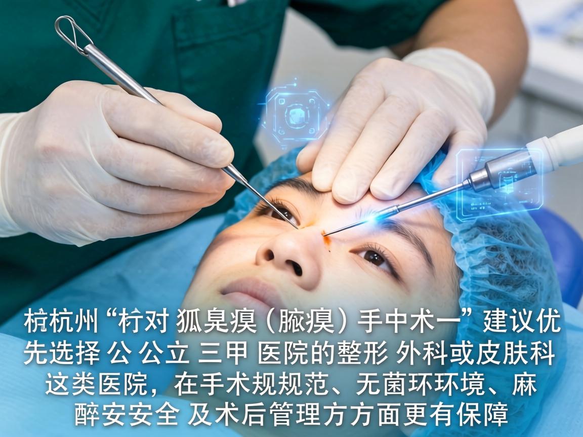 在杭州，针对狐臭（腋臭）手术，建议优先选择公立三甲医院的整形外科或皮肤科。这类医院在手术规范、无菌环境、麻醉安全及术后管理方面更有保障