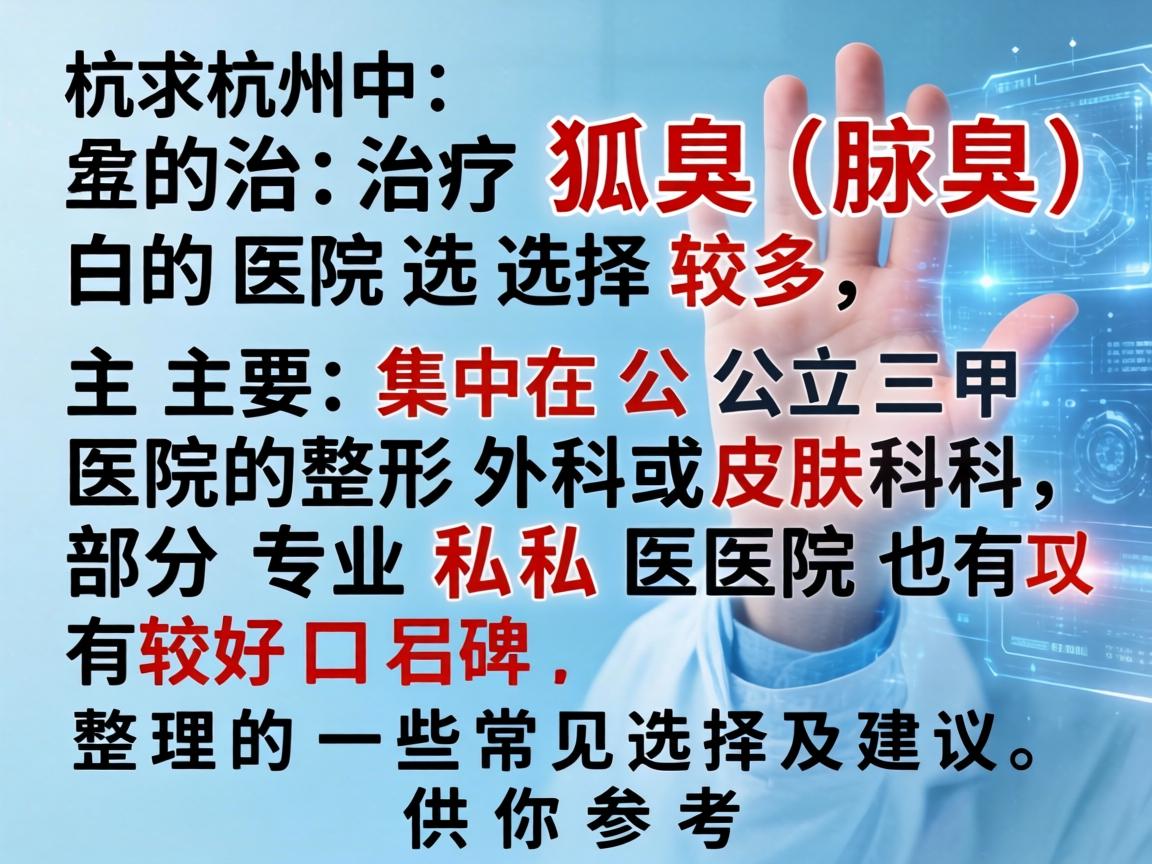 在杭州，治疗狐臭（腋臭）的医院选择较多，主要集中在公立三甲医院的整形外科或皮肤科，部分专业私立医院也有较好口碑。以下是整理的一些常见选择及建议，供你参考