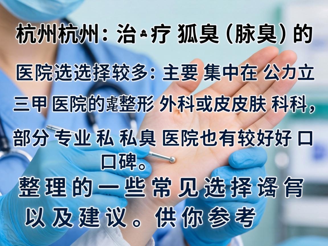 在杭州，治疗狐臭（腋臭）的医院选择较多，主要集中在公立三甲医院的整形外科或皮肤科，部分专业私立医院也有较好口碑。以下是整理的一些常见选择及建议，供你参考