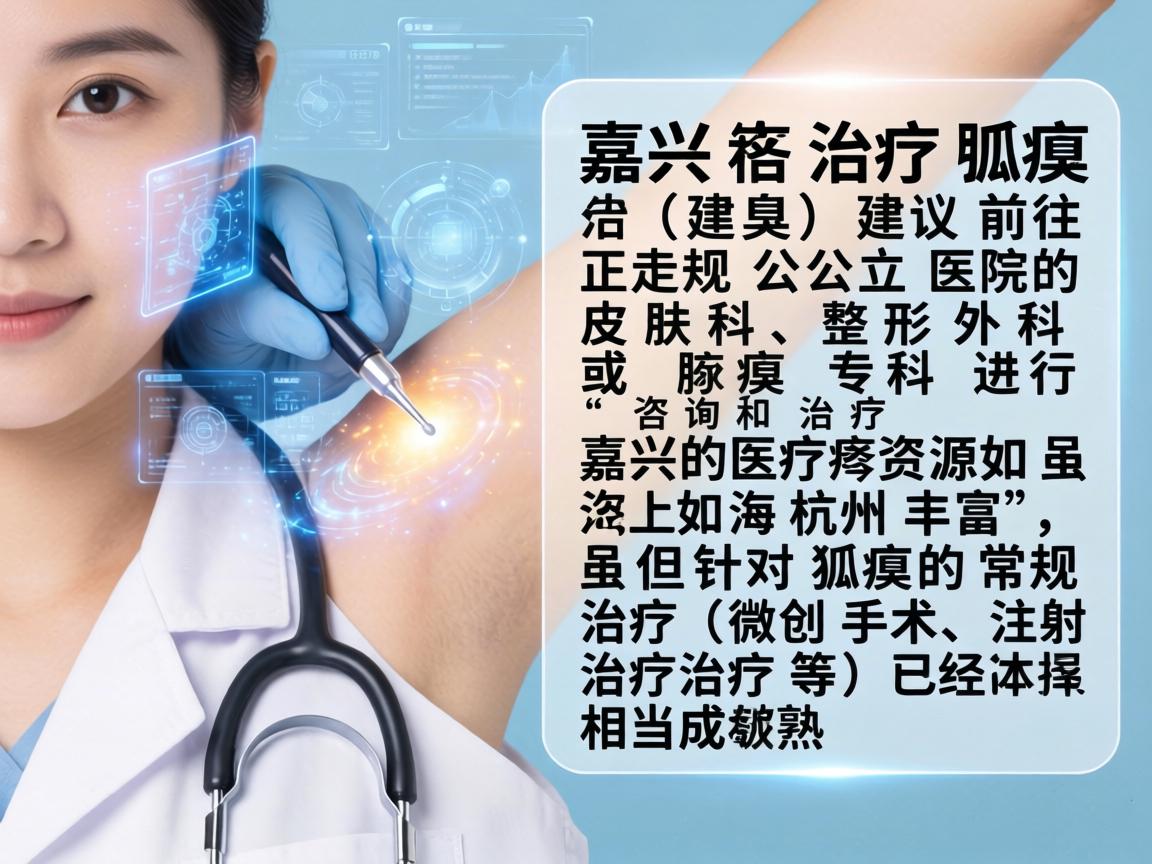 在嘉兴治疗狐臭（腋臭）建议前往正规公立医院的皮肤科、整形外科或腋臭专科进行咨询和治疗。嘉兴的医疗资源虽然不如上海杭州丰富，但针对狐臭的常规治疗（微创手术、注射治疗等）已经相当成熟