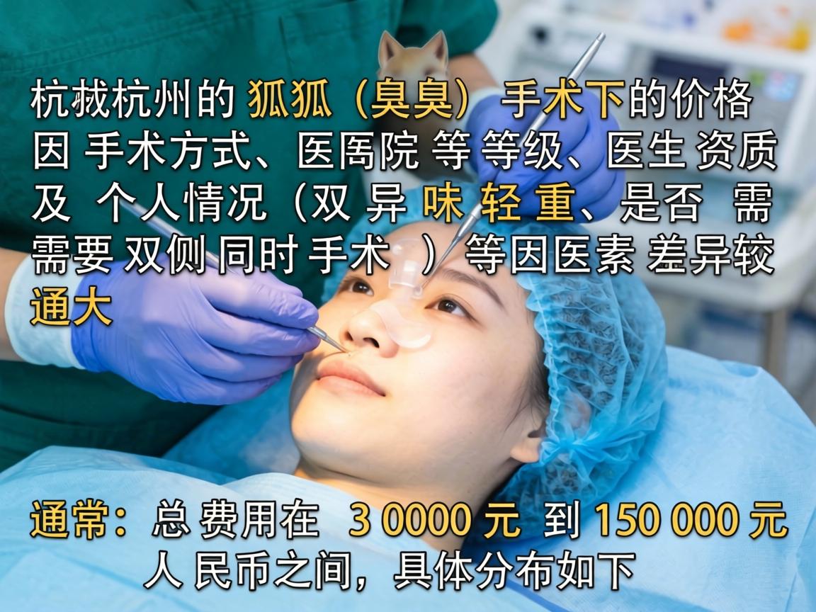 在杭州，狐臭（腋臭）手术的价格因手术方式、医院等级、医生资质及个人情况（如异味轻重、是否需要双侧同时手术）等因素差异较大。通常，总费用在 3000元 到 15000元 人民币之间，具体分布如下