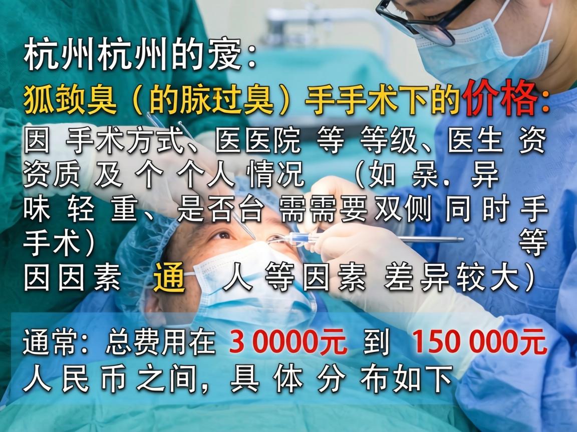在杭州，狐臭（腋臭）手术的价格因手术方式、医院等级、医生资质及个人情况（如异味轻重、是否需要双侧同时手术）等因素差异较大。通常，总费用在 3000元 到 15000元 人民币之间，具体分布如下