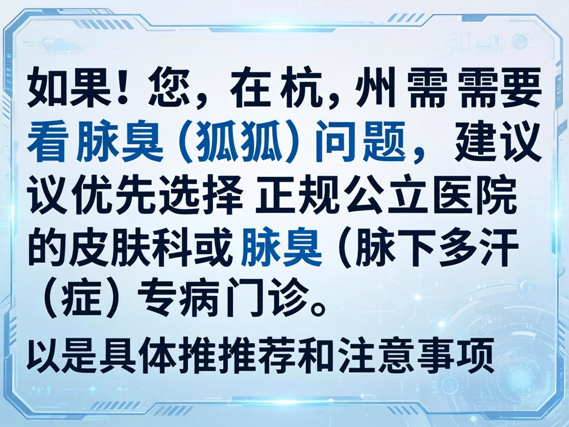 如果您在杭州需要看腋臭（狐臭）问题，建议优先选择正规公立医院的皮肤科或腋臭（腋下多汗症）专病门诊。以下是具体推荐和注意事项