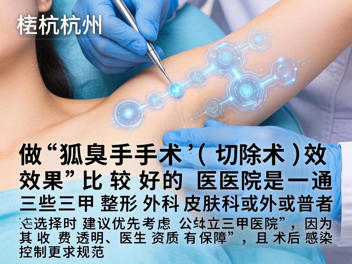在杭州，做狐臭手术（腋臭切除术）效果比较好的医院，通常是一些三甲医院的整形外科、皮肤科或者普外科。选择时建议优先考虑公立三甲医院，因为其收费透明、医生资质有保障，且术后感染控制更规范
