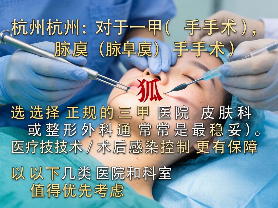 在杭州，对于狐臭（腋臭）手术，选择正规的三甲医院皮肤科或整形外科通常是最稳妥的，医疗技术和术后感染控制更有保障。以下几类医院和科室值得优先考虑
